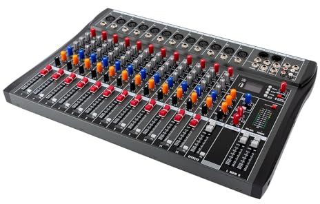 Mischpult Audio Mixer 12 Kanal Stereo mit 48V Phantomspeisung, DJ Mischer Board Live Studio mit USB Sound Console Amplifier, Mischpult Audio Interfac mit Bluetooth DJ Sound Console Amplifier(12)