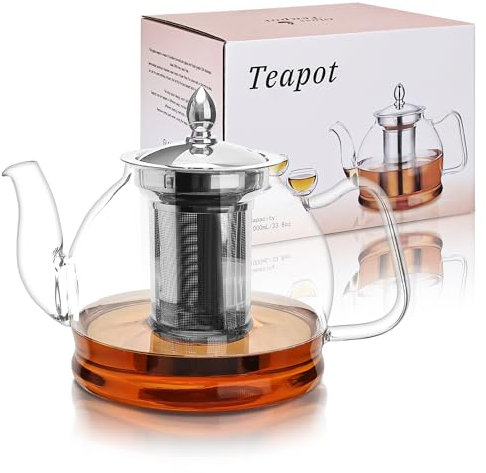 Glass Teapot With Infuser, 35oz/1000ML Stovetop Safe Kettle With Stainless Steel Strainer for Loose, Flower, and Fruit Tea, Coffee - Cooking, Camping, Travel