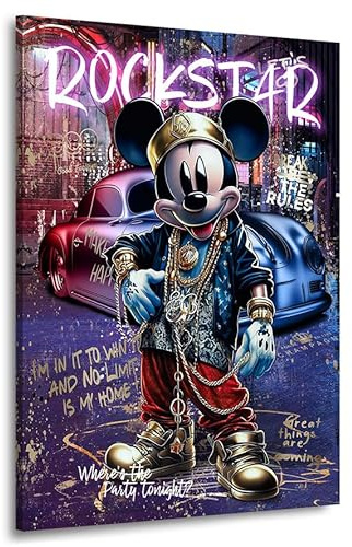 Kunstgestalten24 | Pop Art Wandbild Micky Maus Rockstar | Leinwandbild mit Echtholz-Keilrahmen | Wandbild Gemälde Kunst Art | Hochwertige Kunstdrucke | XXL Bilder auf Leinwand | 60x80x4cm