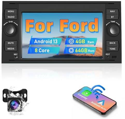 8 Core 4+64G Autoradio Navigation für Ford Transit Fiesta Focus Galaxy, Podofo Wireless Carplay und Android Touchscreen Autoradio mit DSP HiFi Bluetooth RDS FM GPS WiFi USB SWC + AHD Rückfahrkamera