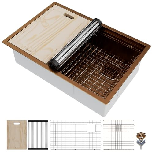 Davivy 31 Inch Kitchen Sink, 31x21 Inch Single Bowl Undermount Workstation Sink with Double Track, 16 Gauge Rose Gold Stainless Steel Work Station Kitchen Sink with Multiple Accessories