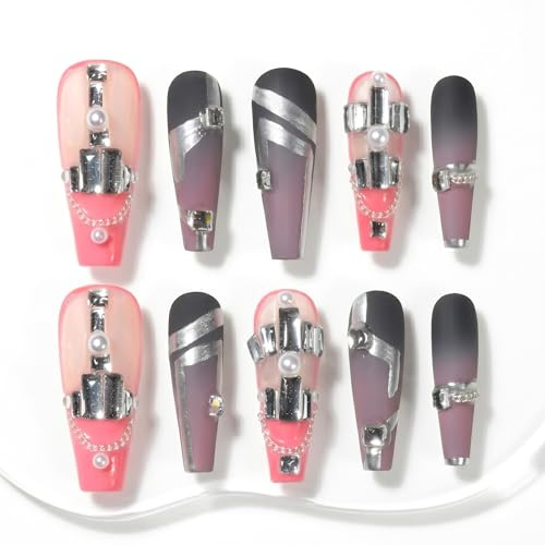 Sun&Beam Nails Handmade Press-On Nails Long Ballerina Pink Purple (#139 XS) | Handmade 10-piece set with pink purple ombré, matte finish, silver accents, pearls, and chain details