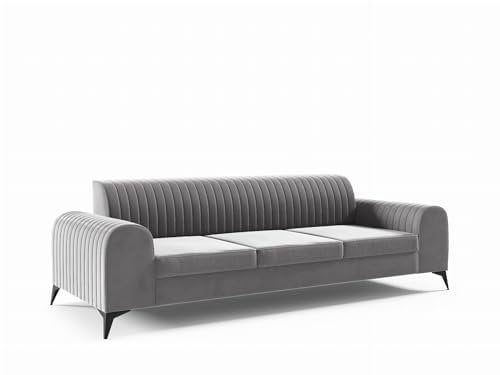 LIKMA Grau 3 Sitzer Samt Sofa ELSA 234x77x93 cm 3-er Couchgarnitur Hydrophobe Beschichtung Velvet Moderne Wohnzimmer Couch Velours Glamour Design Stoff Fresh 14