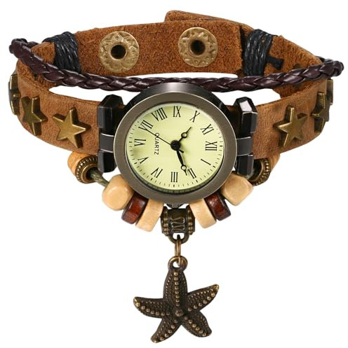 Silverora Armbanduhren Retro Leder Damenuhren: Vintage Mehrschichtige Geflochtene Analoge Quarz Uhren Damen PU Perlenarmband Uhr mit Fünfeckiger Seestern Geschenke für Frauen braun