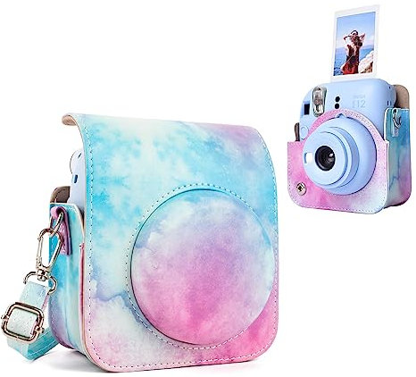 MUZIRI KINOKOO Hülle für Instax Mini 12 Kamera, PU Leder Schutzhülle für Fuji Mini 12 Sofortbildkamera in Verschiedenen Muster, MINI12 Kameratasche mit Verstellbarem Schultergurt - Pastellblau