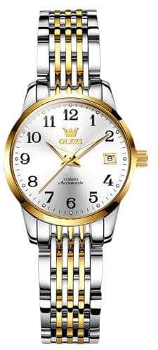 RORIOS Ladies Mechanical Wristwatch Women's Elegant Watch Minimalist Automatic Wrist Watch Fashion Stainless Steel Watch Self-Winding Luminous Watch White A
