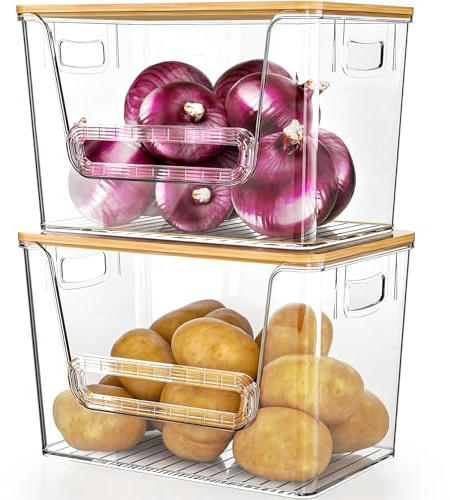 Delamu 2 Set Pantry Organizers and Storage, Trash Bag Holder Under Sink Organizer for 4-13 Gal Bags, Trash Bag Dispenser with Bamboo Top for Onion, Potato, Garlic, Clear (11-7/32L*7 W*7-1/8H)