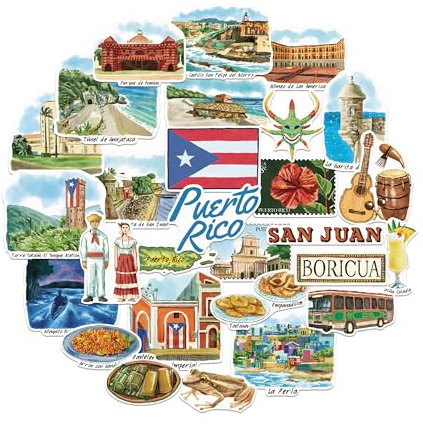 Navy Peony Poetische Puerto-Rico-Reisesticker (28 Stück) – Handgezeichnete, Boricua- und Karibik-inspirierte Aufkleber für Tagebücher, Scrapbooks, Gepäck