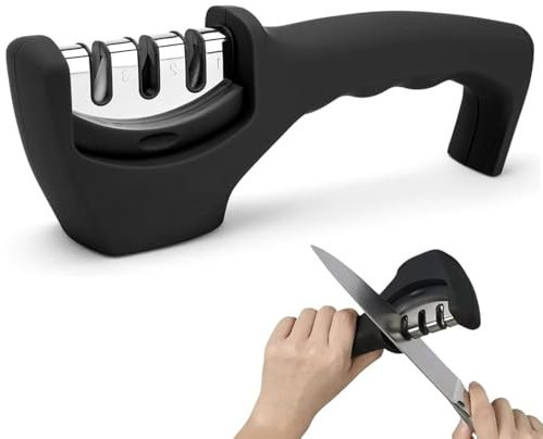 Smart Sharp Knife Sharpener - Professional 3 Stage Manual Sharpener for Sharpening Kitchen Knives - Ceramic Stone, Tungsten Carbide Plates, Diamond rods. Ergonomic Design, Black/Chrome Finish