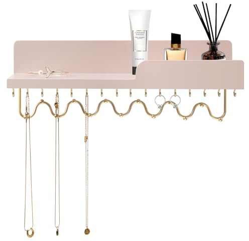 Lampaggio Porte-colliers mural à 29 crochets, étagère décorative en bois rose avec barre ondulée en métal doré et garde-corps pour colliers, pendentifs, chaînes et bracelets