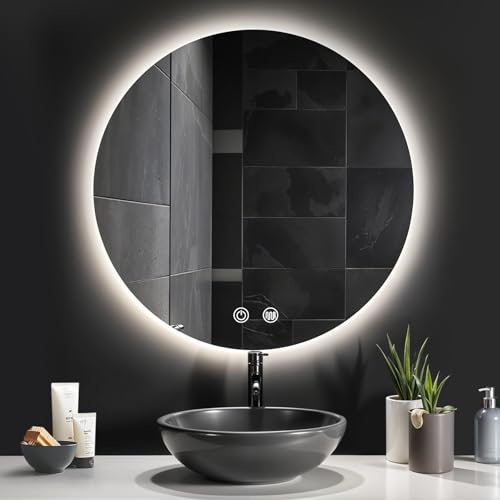 Warmiehomy Round Bathroom Mirror with LED Lights,600mm Illuminated LED Bathroom Mirror Wall Mounted,Bathroom Mirror with 3 Colour Lighting,Anti-fog,Waterproof IP44,Touch Control