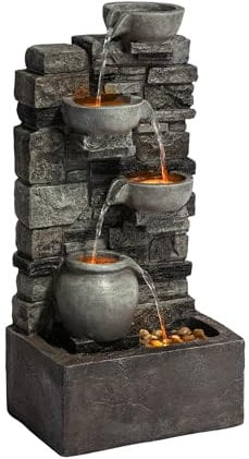 Teamson Home Fuente de Agua 4 Niveles Piedra Gris Exterior LED