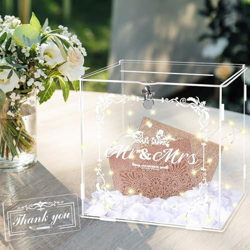 Herenear Boîte à Cartes de Mariage en Acrylique, Boite à Enveloppe avec Serrure pour Anniversaire, Fête, Réception