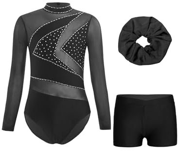 Miaeowve Kinder Mädchen Turnanzug Strass Glitzer Gymnastikanzug Langarm Ballett Body Mit Haarband Shorts Wettbewerb Tanzkleidung Schwarz 134-140