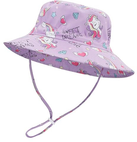 LACOFIA Kleinkind Baby Sonnenhut Kinder Mädchen Sommer Mütze UPF 50+ Hut für Strand Schwimmen Schwimmbad Breiter Krempe/Schnell Trocknend Lila Einhörner 3-7 Jahre