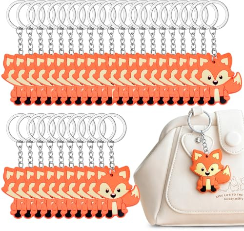 NEWJEK Fuchs Schlüsselanhänger 30 Stück, Weiches PVC Cartoon Design | Langlebiges Material, Metall Schlüsselring, Waldtier Motiv, Kleine Geschenke, Schule, Belohnung