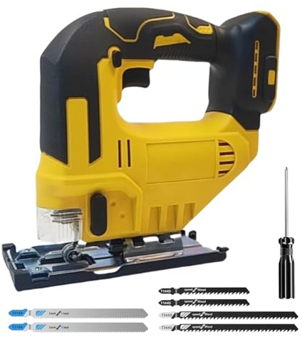 Kocusu Akku Stichsäge für Dewalt 18V 20V, Bürstenlose Elektrisches Exzenterstichsäge mit LED-Licht, ±50°Gehrungsschnittwinkel Orbital Stichsägemit 6 T-Bohrklingen für Metall, PVC, Holz(ohne Akkus)