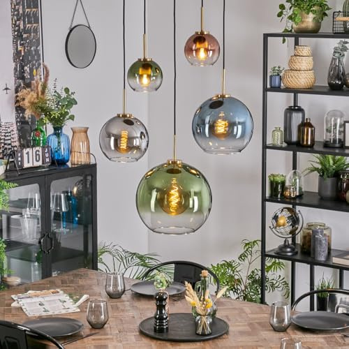 HOFSTEIN Hängeleuchte Koyoto, 5-flammige Hängelampe aus Metall/Glas in Schwarz/Gold/Blau/Grün/Kupfer/Chrom/Rauch/Klar, Pendelleuchte im Retro-Design (Ø Schirme 15; 20; 25; 30cm), E27, Esszimmer, Küche