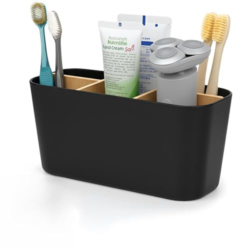 VINATO Zahnbürstenhalter mit Bambus Trennwände 5 Fächer Toothbrush Holder Multifunktional Zahnbürstenhalter Elektrische Zahnbürste Badezimmer Organizer für Büro, Wohnzimmer, Schminktisch, Schwarz