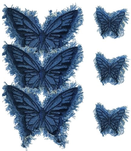 Glamoreal 3Pcs Denim Butterfly Iron On Patches, Sew On Embroidered Applique With Fringe, Retro Butterfly Denim Patches Repair Decoration For Jeans Jackets Bags Hat Shoes- Blue