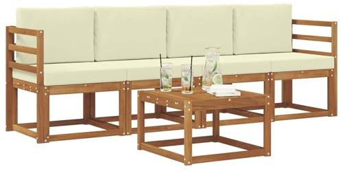 vidaXL Outdoor-Sofagarnitur 5 pcs Natur und Creme Massivholz Akazie, Garten-Sektionalsitz, Moderne Außenmöbel, langlebige Lounge, entspannte Terrasse für alle