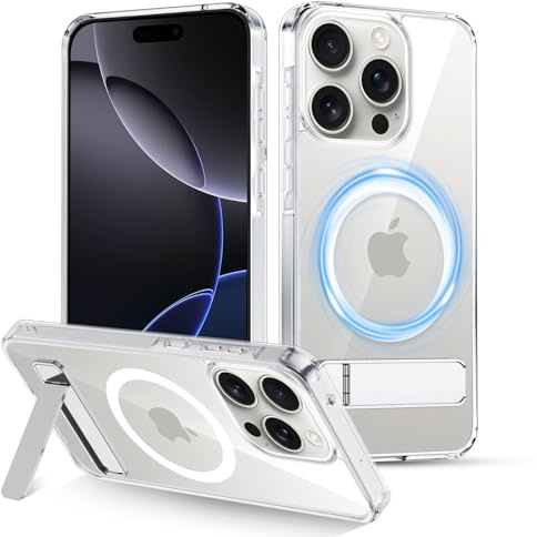 XTCASE Cover Magnetica per iPhone 16 Pro Max [Compatibile con Magsafe], Custodia Trasparente con Supporto Regolabile Invisibile Protezione Antiurto Antigraffio Anti-ingiallimento, Chiaro