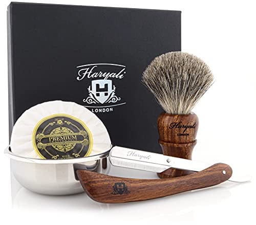 4 Pieces Wooden Shaving Set for Men’s Comes with Black Badger Hair Shaving Brush, Barber Style Cut Throat Razor (Blades NOT Included) Soap and Stainless Steel Bowl