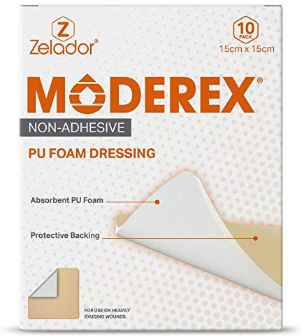Moderex Non Adhesive Foam Dressing for Medium to Heavily exuding Wounds Providing a Soft sterile Cushioned Absorbent pad Permeable to Water Vapour Whilst maintaining a Moist enviorment 15x15cm