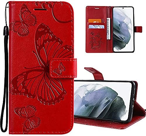 COTDINFORCA Case für LG K40 Hülle,Sonnenblumenprägung PU Leder Schutzhülle Magnet Handytasche Bookstyle Kartenfächer Lederhülle Flip Handyhüllen für LG K40 Big Butterfly Red KT