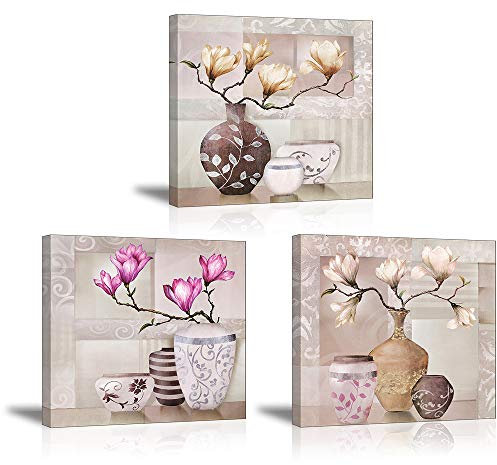 Piy Painting Kunstdruck auf Leinwand - Leinwanddrucke Bunte Magnolie Blume - Deko Bilder auf Leinwand, Wandkunst für Zuhause Büro Studierzimmer zu Geburtstag Geschenk 30x30cm 3Set