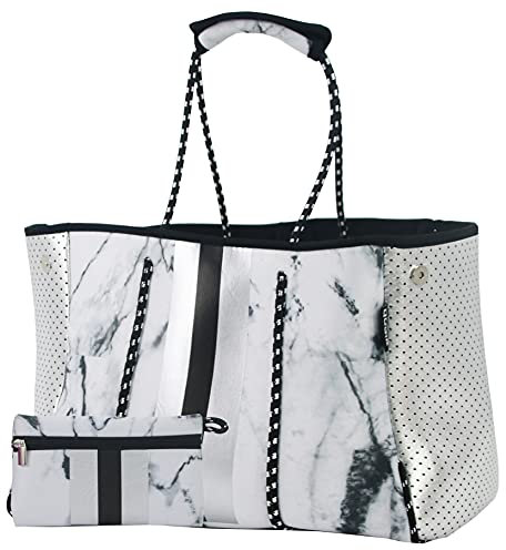 QOGiR Mehrzweck-Strandtasche aus Neopren mit Innentasche mit Reißverschluss, Marmor, Größe L