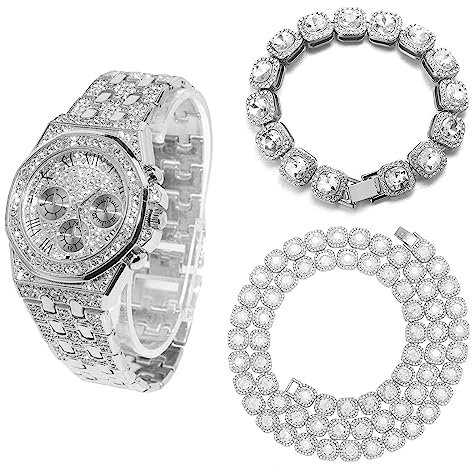 Halukakah Diamant Golduhr für Männer, Platin Weißgold Plattiert 20mm Breite Quarz Armband 22cm,mit Diamant-Cluster Tennis-Ketten Armband 20cm + Halskette 45cm,mit Geschenkbox