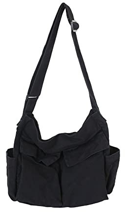 HUALEENA Bolso bandolera de lona para mujer, bolso grande de mensajero, bolso de hombro de viaje, multibolsillo, Negro, Large