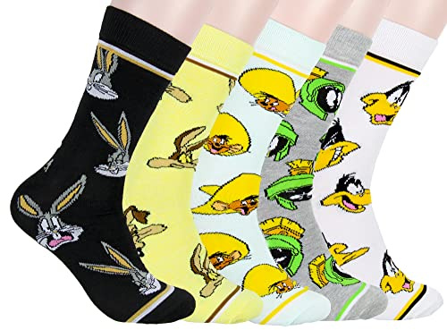Bioworld Looney Tunes Crew-Socken für Erwachsene, Schwarz, Gelb, Grün, Einheitsgröße, Unisex, Halloween, Weihnachten, Geburtstag, dehnbar, verstärkte Zehen, Maschinenwäsche, 5er-Pack