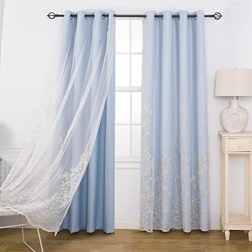 GYROHOME 2 Vorhänge mit besticktem, durchscheinendem Voile, verschiedene Vorhänge, Raumverdunkelung, Ösen, doppellagig, für Kinder, Mädchen, Schlafzimmer, 132 x 213 cm, Himmelblau