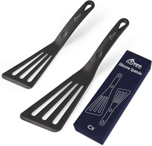 HOTEC Silikon-Fischwender mit Schlitzen, Pfannenwender, Pfannenwender zum Kochen, hitzebeständig, antihaftbeschichtet, stark, spülmaschinenfest, schwarz