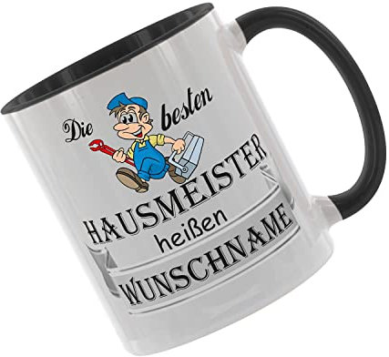 Crealuxe Kaffeetasse - Die besten Hausmeister heißen (Wunschname) - Spruchtasse, Bürotasse, bedruckte Keramiktasse, Tasse mit Spruch, Hochwertige Kaffeetasse, Personalisierte Geschenke (Schwarz)
