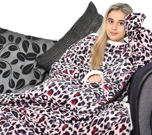A2Z Girls Wearable Leopard Print Double Layer Blanket With Sleeves Flannel Fleece Snuggle - TV DL Blkt 154 Pink_Kids