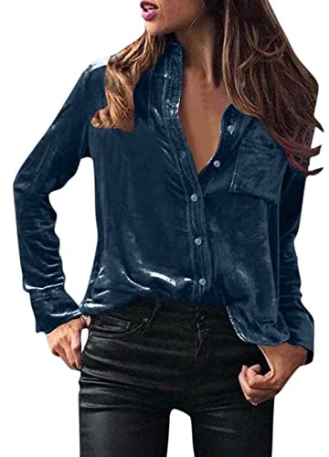 Samt Oberteil Damen Frauen Winter Mode-Töpfe Bluse Langarm solide Elegante Hemd-Knopftasche lässige Hemd-Top Hellblaue Bluse Weinrot Shirt Langarmshirt