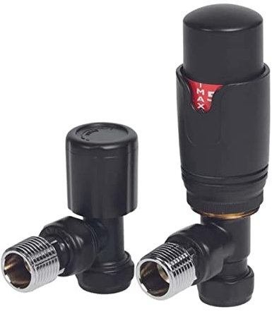 The Modern Thermostatic Radiator Valve and Lockshield | Angled | Black (Valve and 10mm Pipe Adapters)