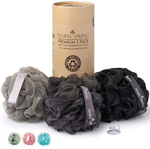 Temple Spring - Fleur de Douche Recyclées, Loofah Gommage Corps, Eponge de Douche, Eponge Douche Corps Exfoliante, Fleur de Bain, Luffa Djampe, Bath Sponge, Produit Bain Femme et Hommes - Gris