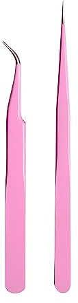 2 Stück Wimpernpinzette Verlängerungs Pinzette Edelstahl Pinzetten Mit Gerader Und Gebogener Spitze（Rosa）