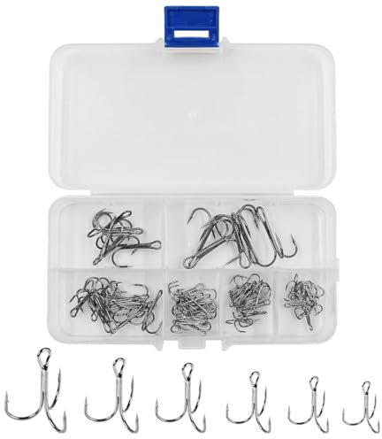NUZAMAS 50-teiliges Angel-Drillinge-Set, 3-Wege-Klauen-Angelhaken, Angelhaken aus Hartstahl mit Angelbox für Forellen, Wels, Salzwasser, Süßwasser, Größe 2 4 6 8 10 12