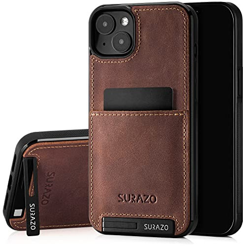 SURAZO Protective Phone Case for Apple iPhone 15 Case - Genuine Leather Cover with Card Holder - Slim Back Case with Foldable Stand and Keychain - Robust Bumper Protector (Nut Brown)