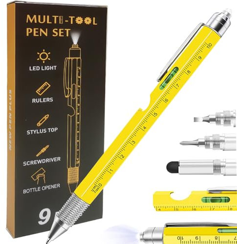 9 in 1 Multitool Stift, Stocking Stuffers Gifts Unique Christmas Birthday Multi Tool Pen for Men Dad Husband Who Have Everything, Cool Gadgets Pocket Multi Tool (Yellow)