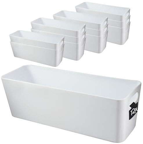 12x Ordnungsbox - 10 cm hoch - WEISS - 30x10x10cm - 2 Liter - mit Beschriftungsclip Ordnungskorb Schublade - Organizerbox - Ordnungssystem Kunststoff - Aufbewahrung Bad Korb Schrank Schreibtisch Kiste