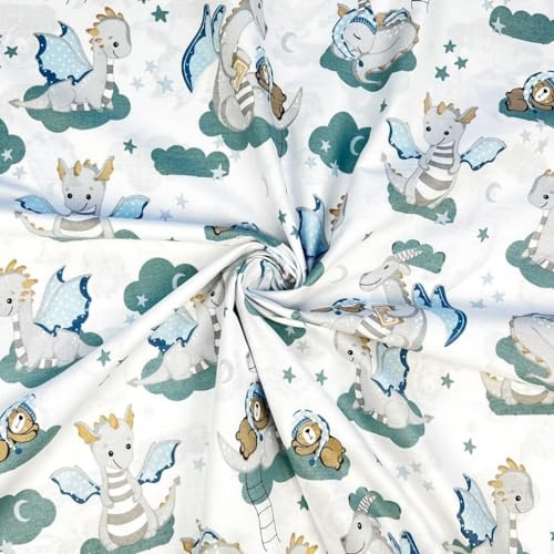 Textrend Baumwollstoff - Stoff zum Nähen - 100% Baumwolle - Weiches Antiallergisches Material - Textilien 1x1.6m - Stoffe Meterware - Drachen-Muster (Graue Drachen auf weißem Hintergrund)