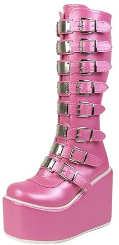 ticticlily Scarpe col Tacco Donna Plateau Zeppa Stivali Cerniera Lacci Wedge Boots High Heels F Rosa 37 EU