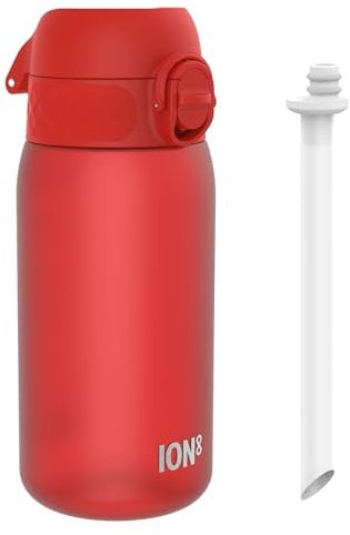 ION8 Gourde Paille, 350 ml/12 oz, Étanche, Facile à Ouvrir, Verrouillage Sécurisé, Lavable au Lave-vaisselle, Sans BPA, Poignée de Transport, Couvercle Hygiénique, Facile à Nettoyer, Sans Odeur, Rouge