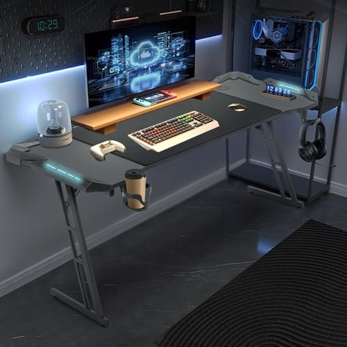 YUENFONG Tavolo da Gaming 120 x 60 cm, Scrivania per PC con Superficie in Fibra di Carbonio, Tavolo da Computer incluso Gancio per Cuffie e Portabicchieri, Nero con LED